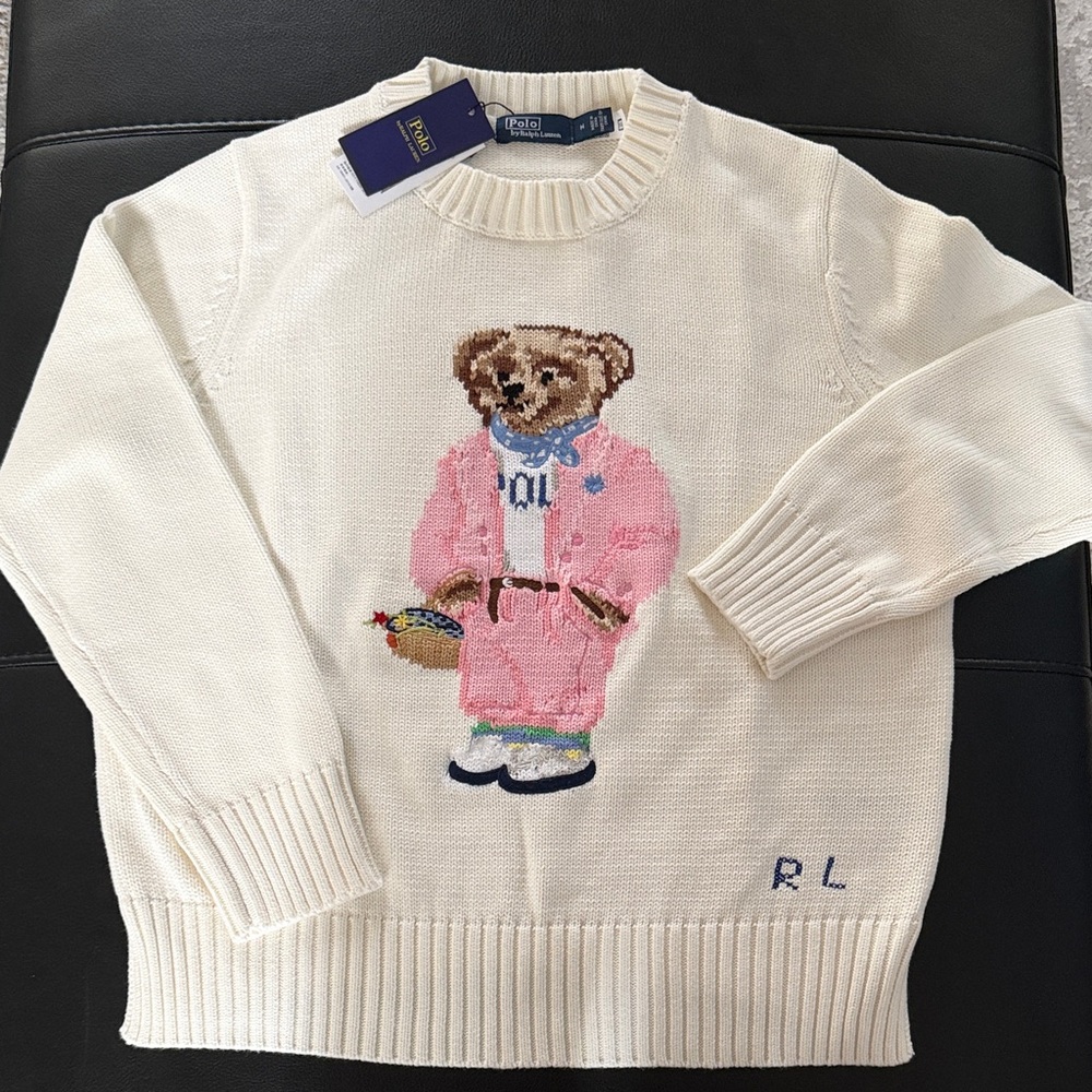 Ralph Lauren White Sweater with Pink Bear Design